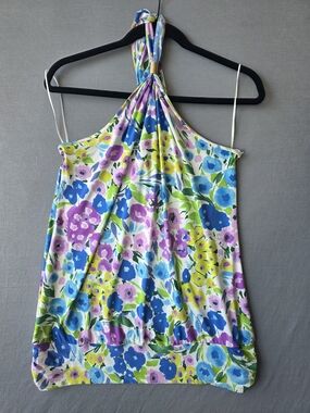 Express Floral Halter Top Women’s Large Blue Purple Green Y2K
